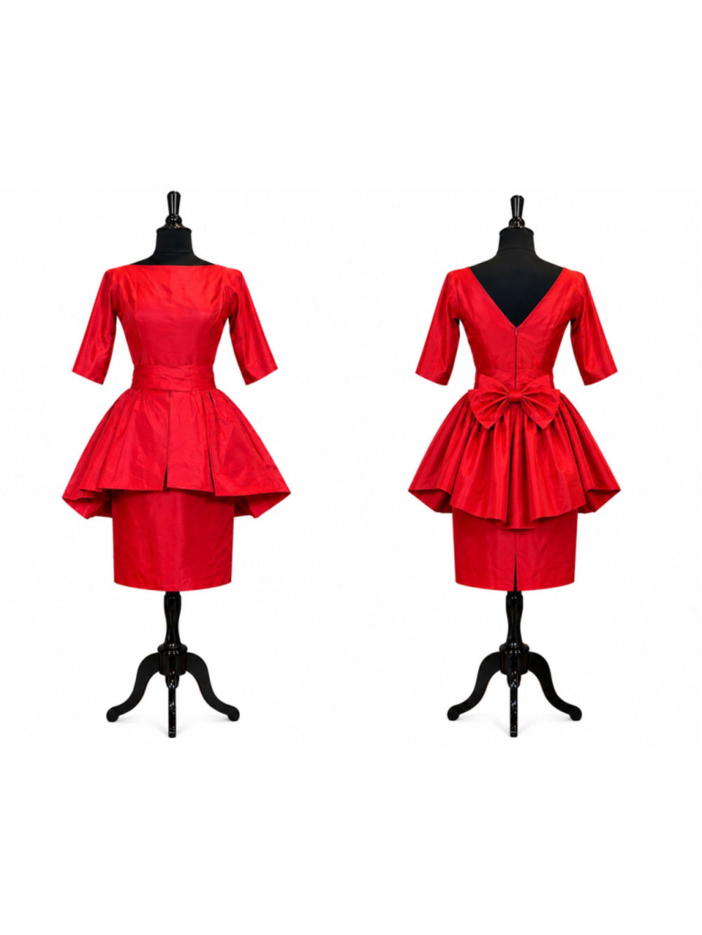 Vintage 1950s Lorrie Deb Red Satin Dress Detachable Bow Overskirt Small